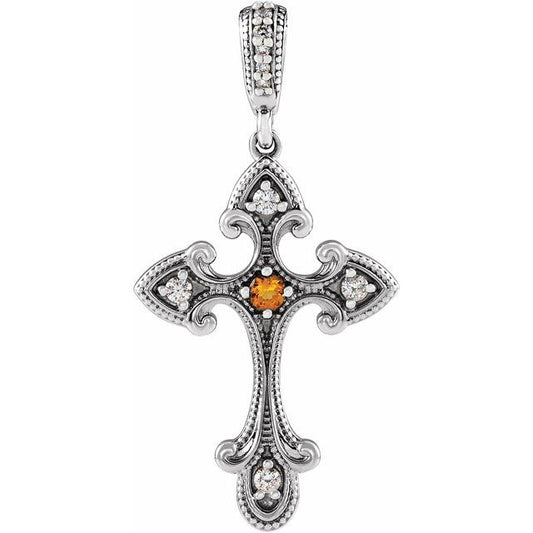 14K White Gold Natural Citrine & .06 CTW Natural Diamond Cross Pendant