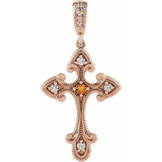 14K Rose Gold Natural Citrine & .06 CTW Natural Diamond Cross Pendant