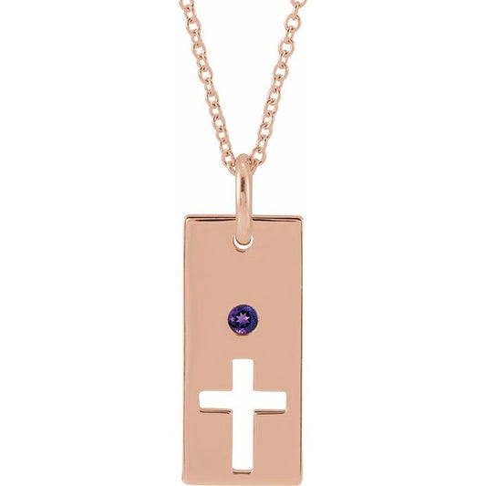 14K Rose Gold Natural Amethyst Cross Bar 16-18" Necklace