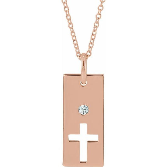 14K Rose Gold .03 CT Natural Diamond Cross Bar 16-18" Necklace