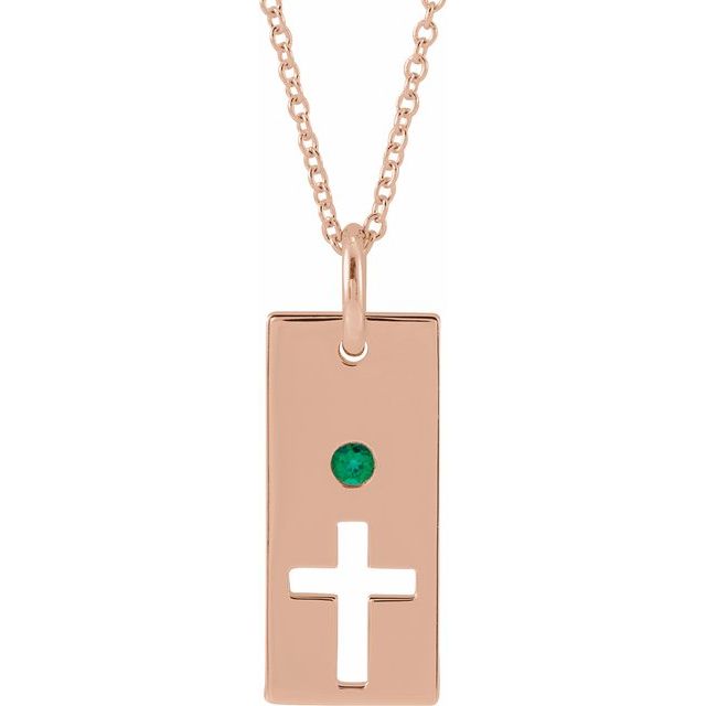 14K Rose Gold Natural Emerald Cross Bar 16-18" Necklace