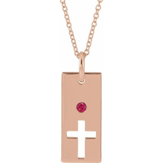 14K Rose Gold Natural Ruby Cross Bar 16-18" Necklace