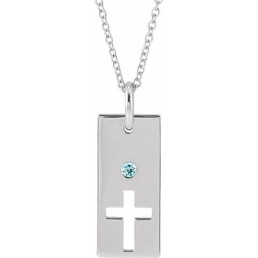 14K White Gold Natural Aquamarine Cross Bar 16-18" Necklace