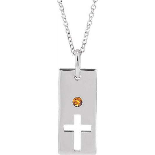 14K White Gold Natural Citrine Cross Bar 16-18" Necklace