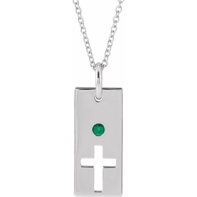 Sterling Silver Natural Emerald Cross Bar 16-18" Necklace