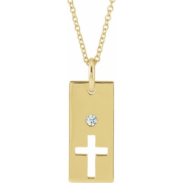 14K Yellow Gold .03 CT Natural Diamond Cross Bar 16-18" Necklace