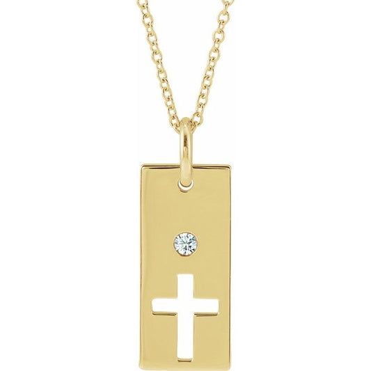 14K Yellow Gold .03 CT Natural Diamond Cross Bar 16-18" Necklace