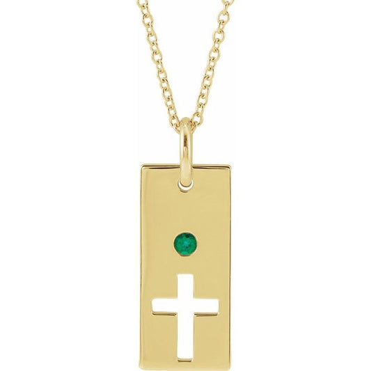14K Yellow Gold Natural Emerald Cross Bar 16-18" Necklace