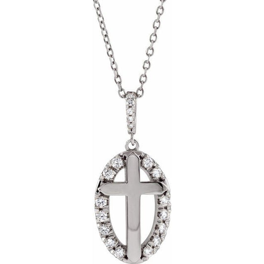 14K White Gold 1/5 CTW Natural Diamond Halo-Style Cross 16-18" Necklace