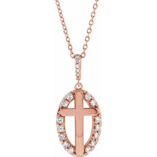 14K Rose Gold 1/5 CTW Natural Diamond Halo-Style Cross 16-18" Necklace