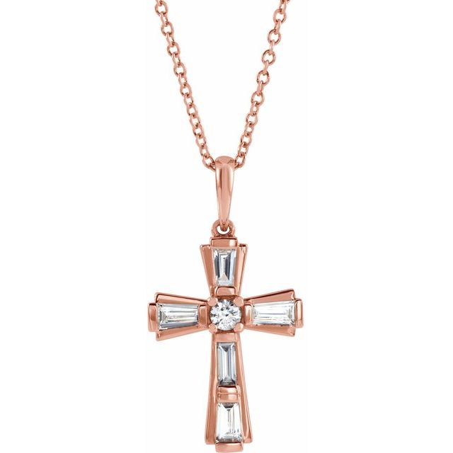 14K Rose Gold 3/8 CTW Natural Diamond Baguette Cross 16-18" Necklace