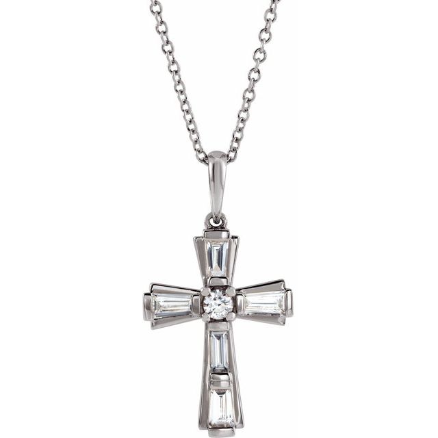 Sterling Silver 3/8 CTW Natural Diamond Baguette Cross 16-18" Necklace