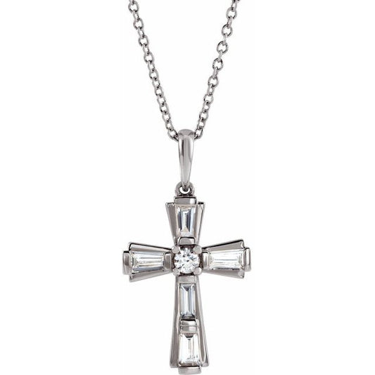 14K White Gold 3/8 CTW Natural Diamond Baguette Cross 16-18" Necklace