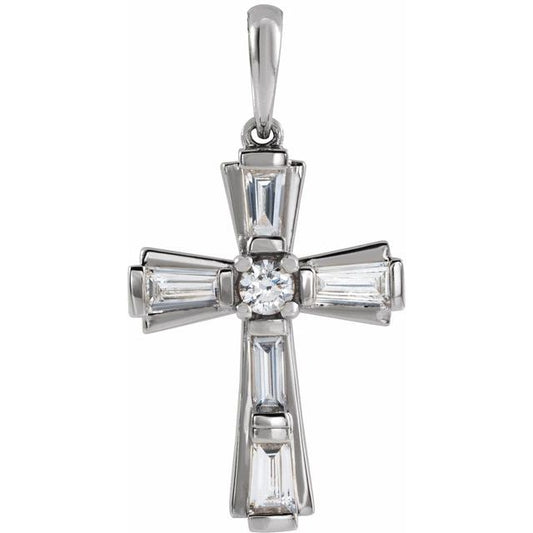 Platinum 3/8 CTW Natural Diamond Baguette Cross Pendant