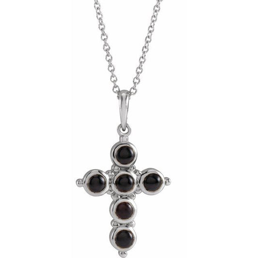 Sterling Silver Natural Black Onyx Cross 16-18" Necklace