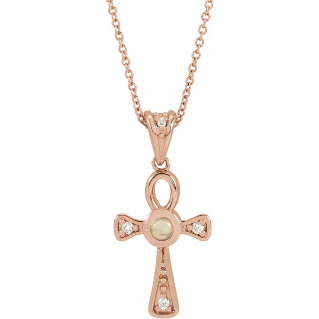 14K Rose Gold Natural White Opal & .04 CTW Natural Diamond Ankh Cross 16-18' Necklace