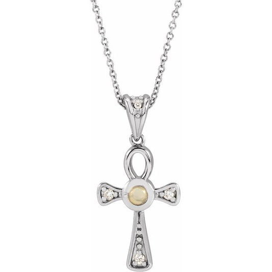 Sterling Silver Natural White Opal & .04 CTW Natural Diamond Ankh Cross 16-18' Necklace