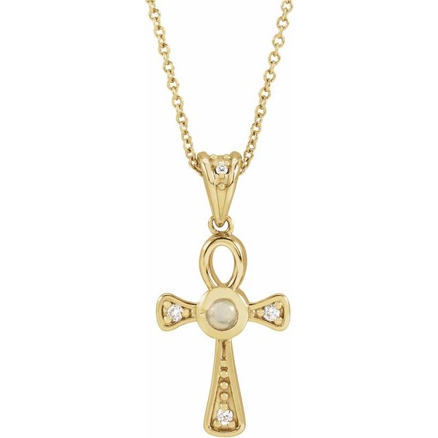 14K Yellow Gold Natural White Opal & .04 CTW Natural Diamond Ankh Cross 16-18' Necklace
