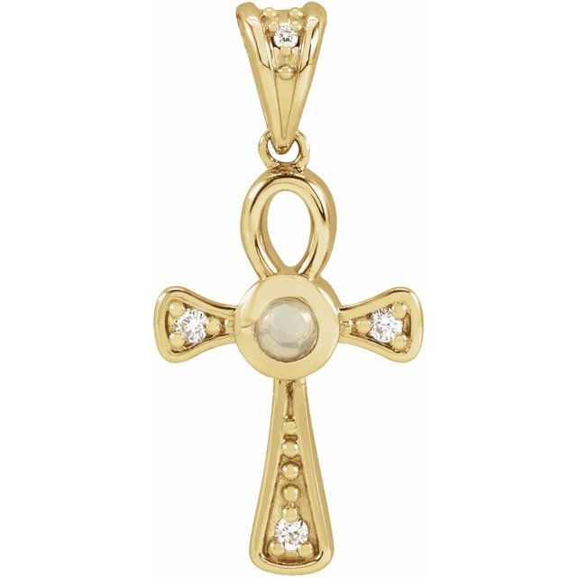14K Yellow Gold Natural White Opal & .04 CTW Natural Diamond Ankh Cross Pendant