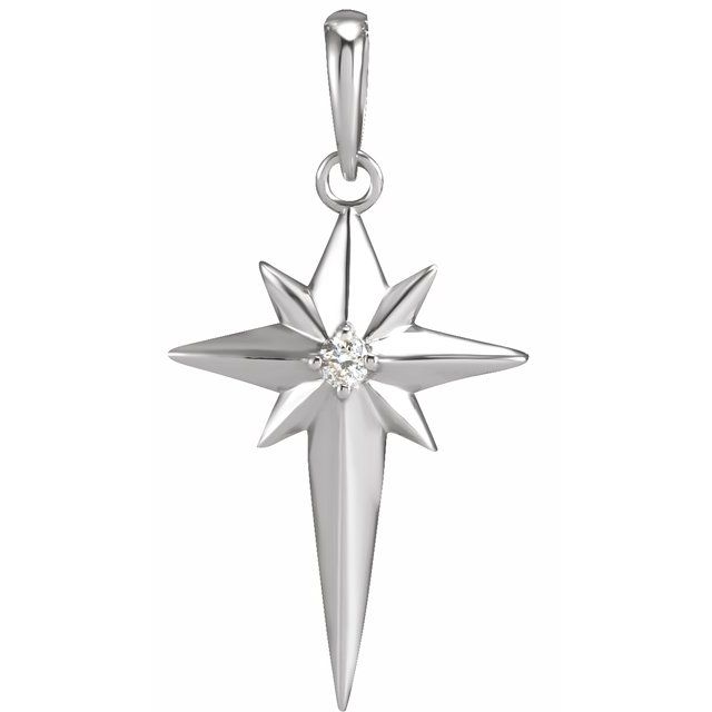 14K White Gold .03 CT Natural Diamond Star Cross Pendant