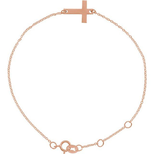14K Rose Gold Engravable Cross 6 1/2-7 1/2" Bracelet