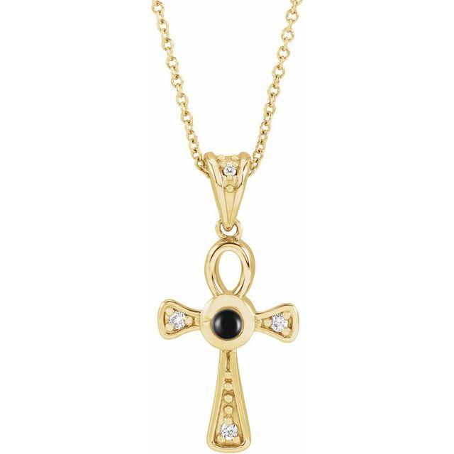 14K Yellow Gold Natural Onyx & .04 CTW Natural Diamond Ankh Cross 16-18' Necklace