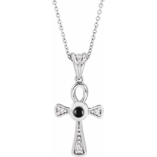 Sterling Silver Natural Onyx & .04 CTW Natural Diamond Ankh Cross 16-18' Necklace