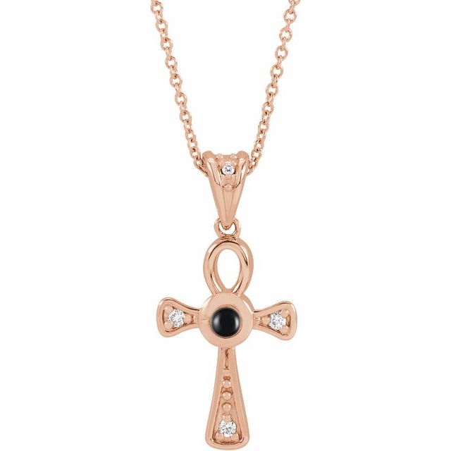 14K Rose Gold Natural Onyx & .04 CTW Natural Diamond Ankh Cross 16-18' Necklace