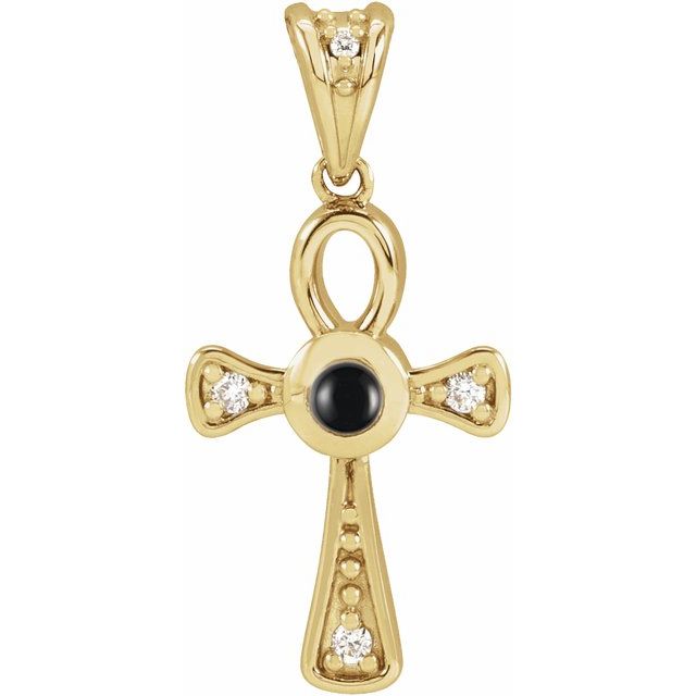 14K Yellow Gold Natural Onyx & .04 CTW Natural Diamond Ankh Cross Pendant
