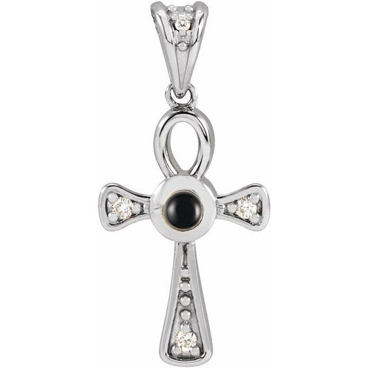 Sterling Silver Natural Onyx & .04 CTW Natural Diamond Ankh Cross Pendant