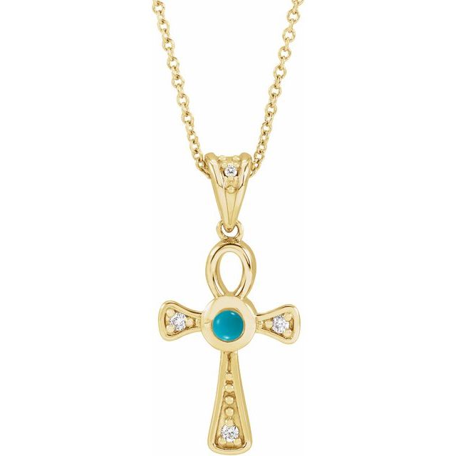 14K Yellow Gold Natural Turquoise & .04 CTW Natural Diamond Ankh Cross 16-18' Necklace