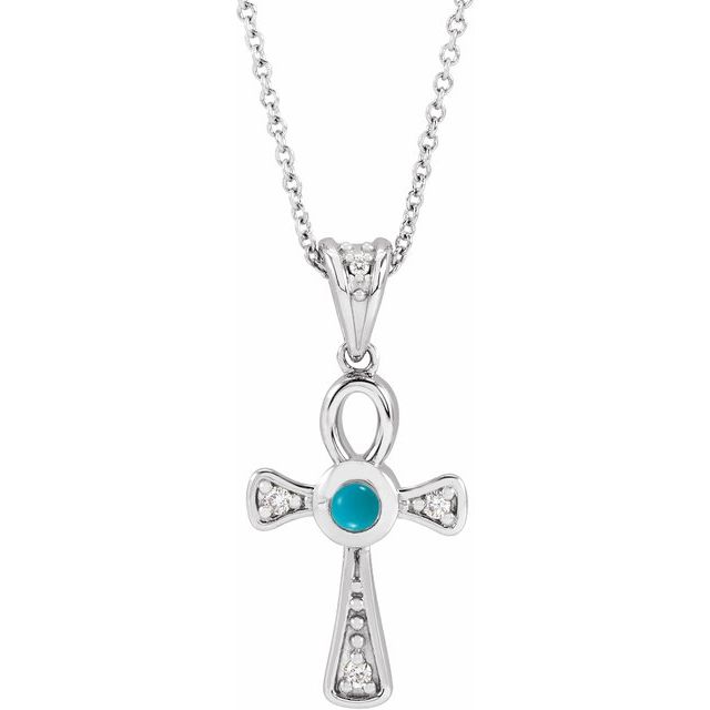 Platinum Natural Turquoise & .04 CTW Natural Diamond Ankh Cross 16-18' Necklace