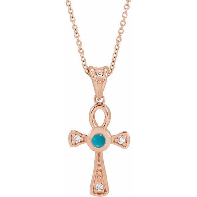 14K Rose Gold Natural Turquoise & .04 CTW Natural Diamond Ankh Cross 16-18' Necklace