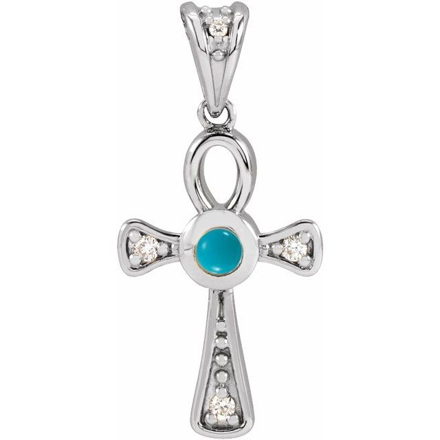 14K White Gold Natural Turquoise & .04 CTW Natural Diamond Ankh Cross Pendant