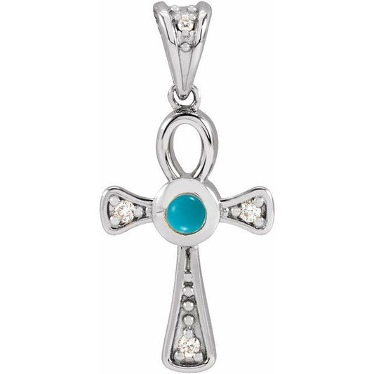 Sterling Silver Natural Turquoise & .04 CTW Natural Diamond Ankh Cross Pendant