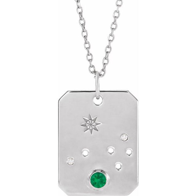14K White Gold Natural Emerald & .01 CTW Natural Diamond Aries Constellation 16-18" Necklace