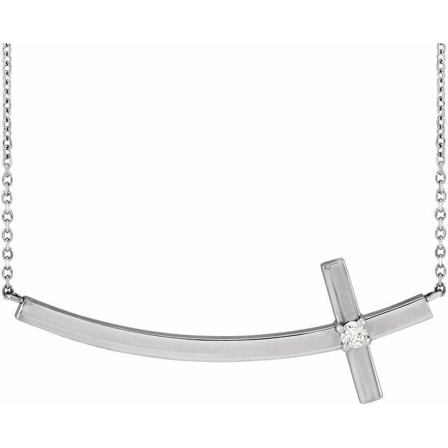 14K White Gold .06 CT Natural Diamond Sideways Cross 18" Necklace