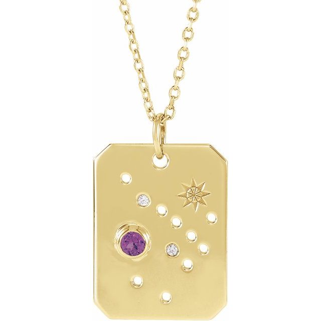 14K Yellow Gold Natural Amethyst & .01 CTW Natural Diamond Sagittarius Constellation 16-18" Necklace