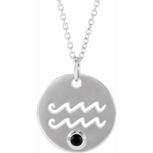 Sterling Silver Natural Black Spinel Aquarius Zodiac 16-18" Necklace