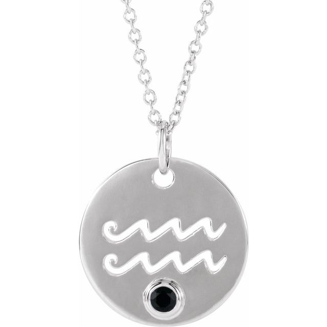 Platinum Natural Black Spinel Aquarius Zodiac 16-18" Necklace