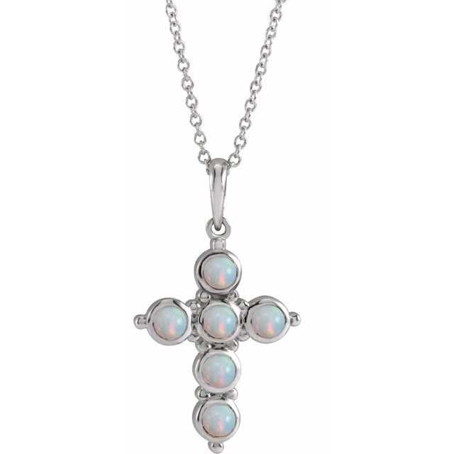 14K White Gold Natural White Ethiopian Opal Cross 16-18" Necklace