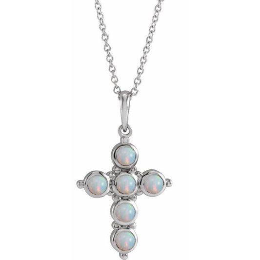 Sterling Silver Natural White Ethiopian Opal Cross 16-18" Necklace