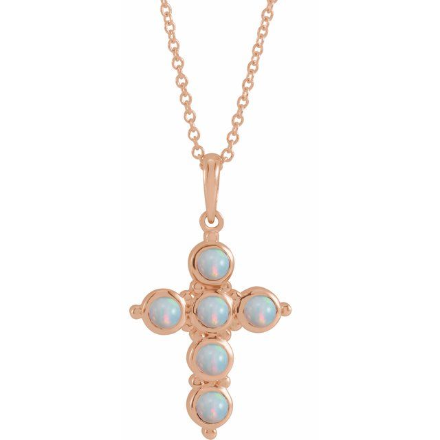 14K Rose Gold Natural White Ethiopian Opal Cross 16-18" Necklace