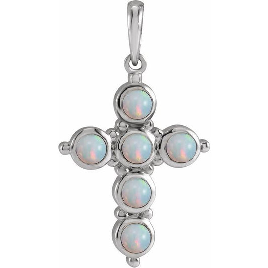Platinum Natural White Ethiopian Opal Cross Pendant