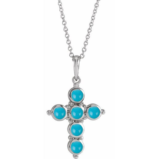 14K White Gold Natural Turquoise Cross 16-18" Necklace