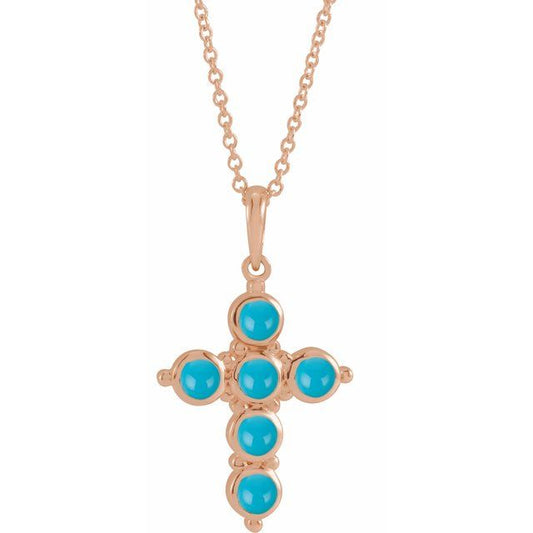 14K Rose Gold Natural Turquoise Cross 16-18" Necklace