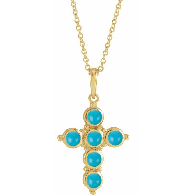 14K Yellow Gold Natural Turquoise Cross 16-18" Necklace