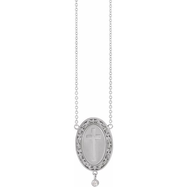 14K White Gold .015 CT Natural Diamond Rosary Cross 18" Necklace