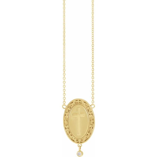 14K Yellow Gold .015 CT Natural Diamond Rosary Cross 18" Necklace
