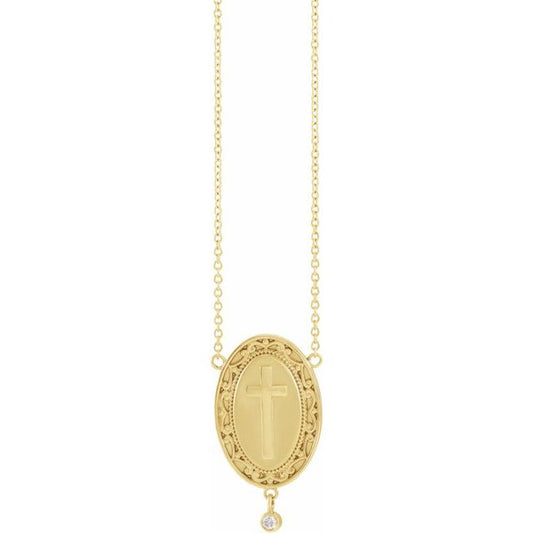14K Yellow Gold .015 CT Natural Diamond Rosary Cross 18" Necklace